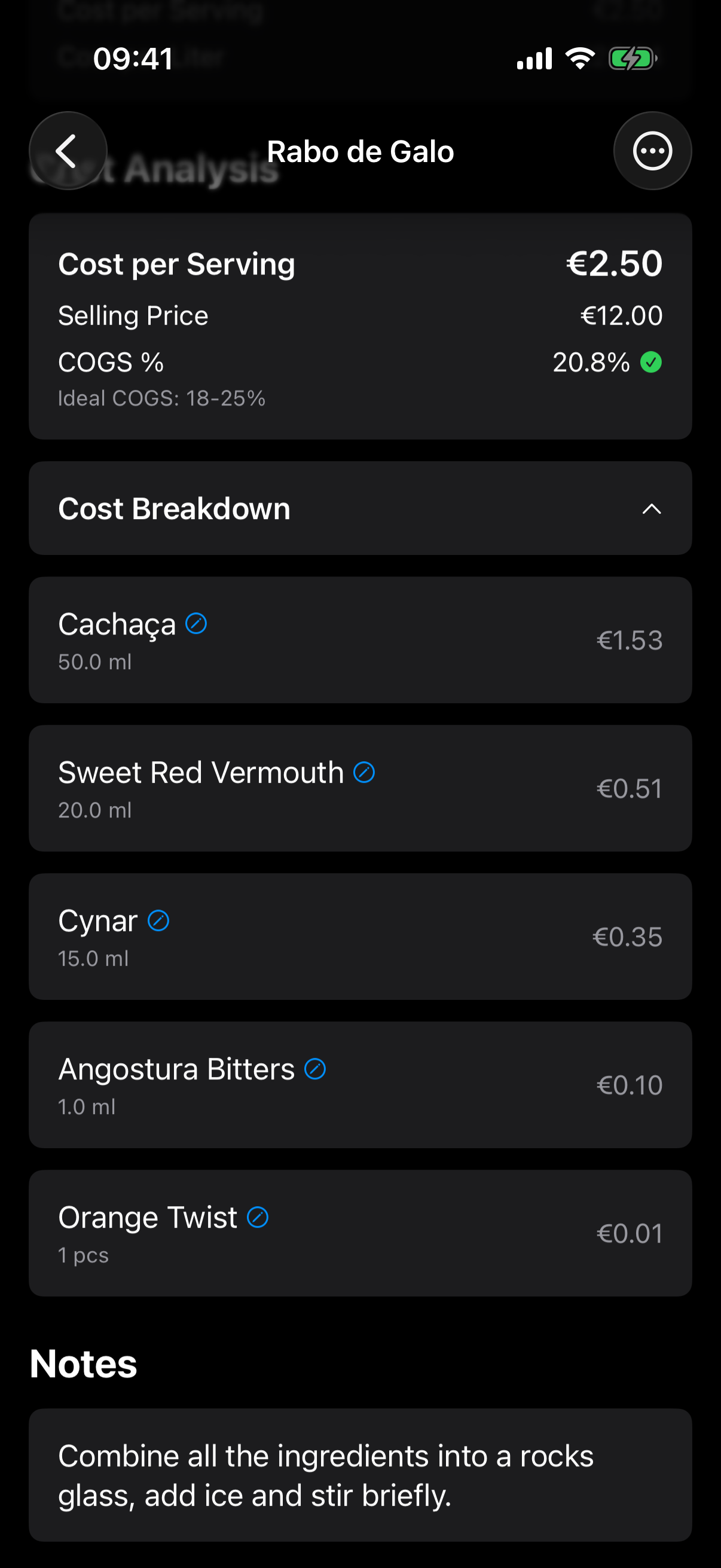 Jarra showing the cost analysis and ingredient breakdown for a cocktail