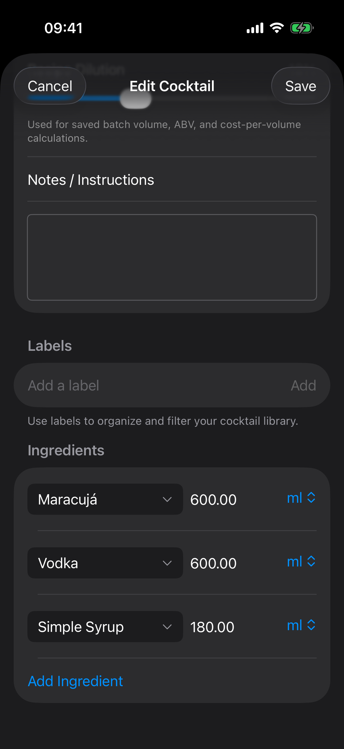 Jarra recipe editor for creating a Batida de Maracuja cocktail